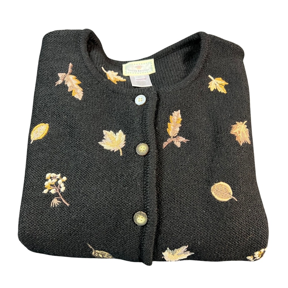 SUSAN BRISTOL Cardigan Sweater Womens XL Black Embroidered Wool Gold Fall Leaves